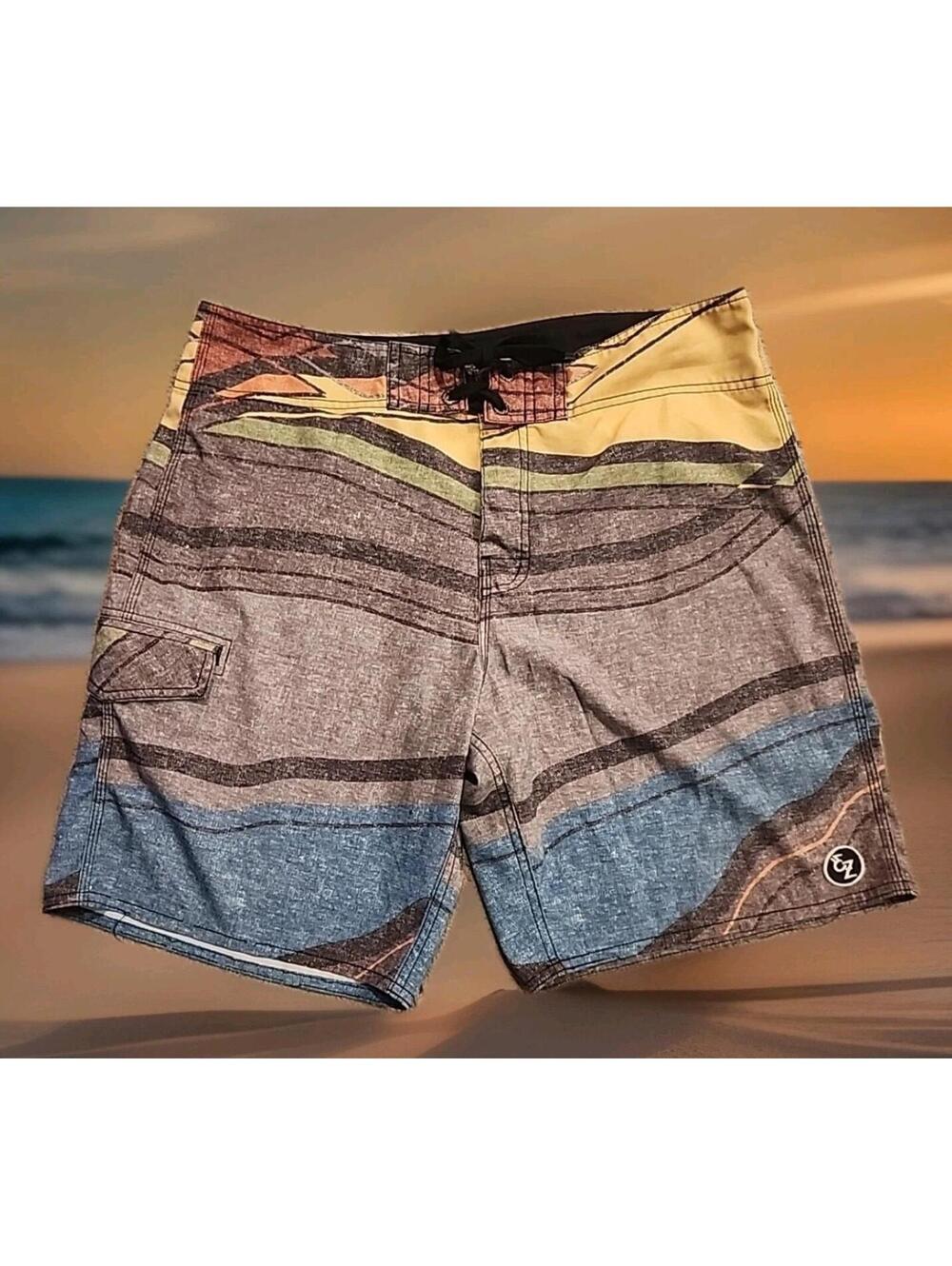 Ezekiel Men Swimwear  Abstract Wave Trunks 8" Inseam Size 34 (086)